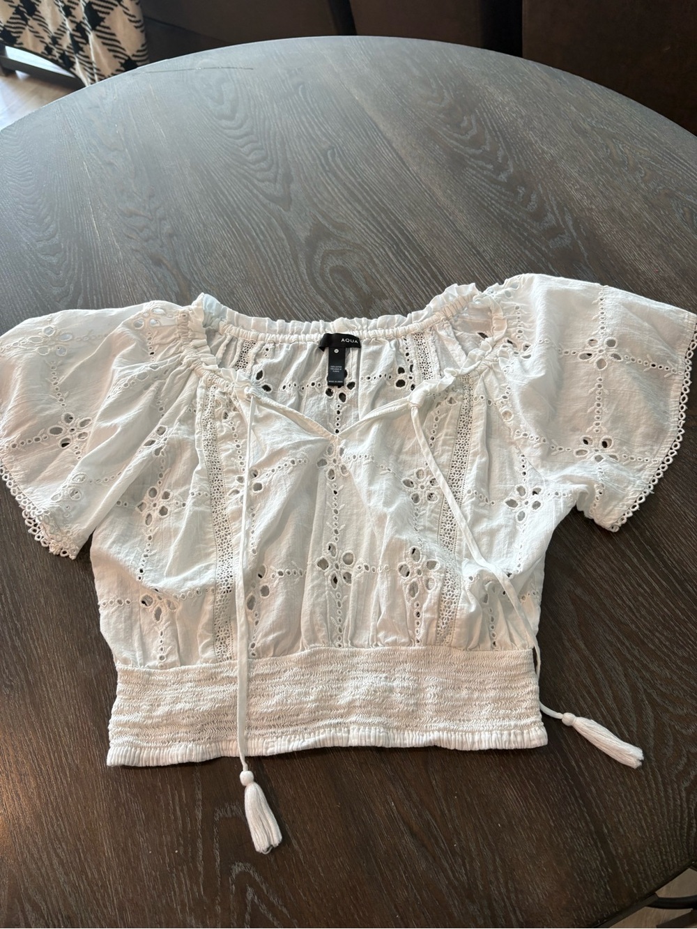 Aqua White Eyelet Smocked Hem Crop Top